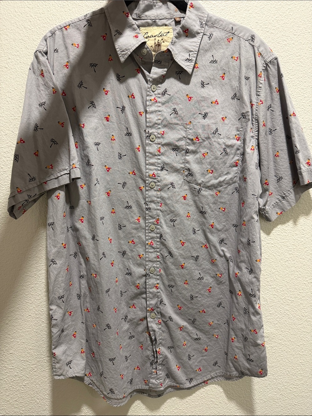 100% Cotton Short-Sleeve Button-Down Palm Trees and Hula Dancers